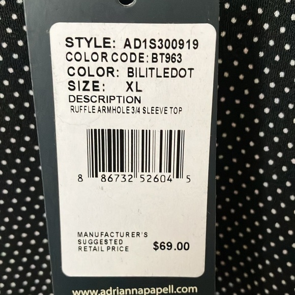Adrianna Papell: Black/White Little dots Ruffle Armhole 3/4 Sleeve Top- cinch-XL - Picture 3 of 16